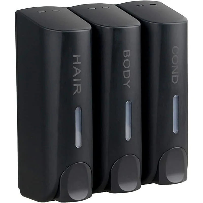 Triple Shower Dispenser Black set with three labeled pumps and clear liquid-level windows