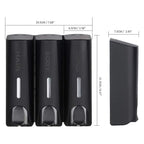 Triple Shower Dispenser Black set dimensional guide with triple-unit and individual measurements