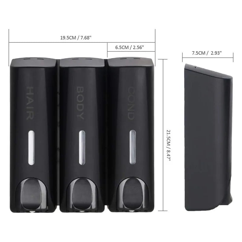 Triple Shower Dispenser Black set dimensional guide with triple-unit and individual measurements