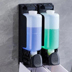 Triple Shower Dispenser internal bottle and manual pump components with covers opened