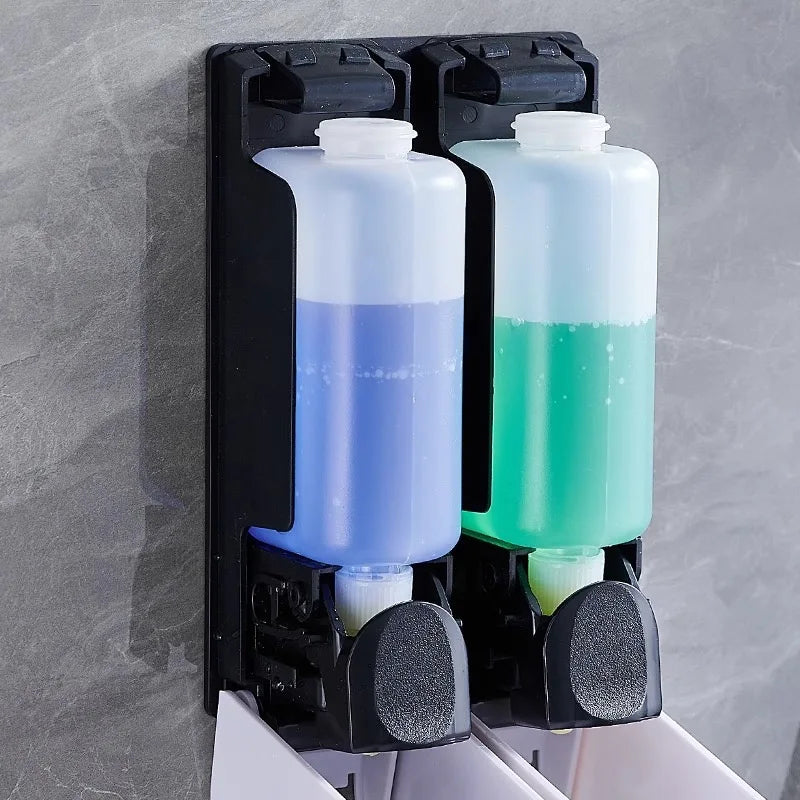 Triple Shower Dispenser internal bottle and manual pump components with covers opened