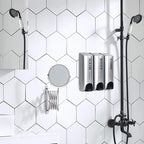 Triple Shower Dispenser supplier reference showing the silver triple set in a tiled shower