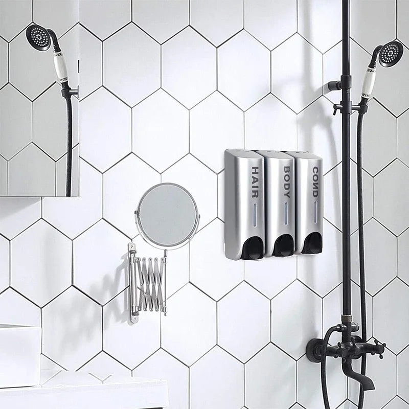 Triple Shower Dispenser supplier reference showing the silver triple set in a tiled shower