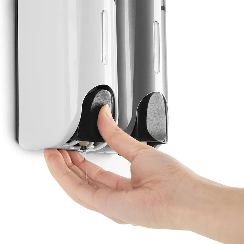 Triple Shower Dispenser White double supplier reference showing manual liquid dispensing