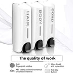 Triple Shower Dispenser White set feature graphic describing ABS construction and press buttons