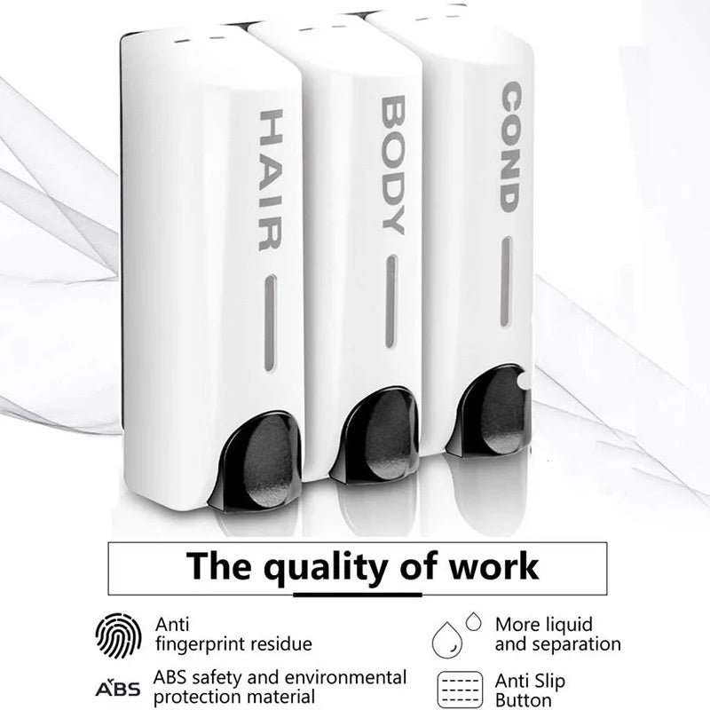 Triple Shower Dispenser White set feature graphic describing ABS construction and press buttons