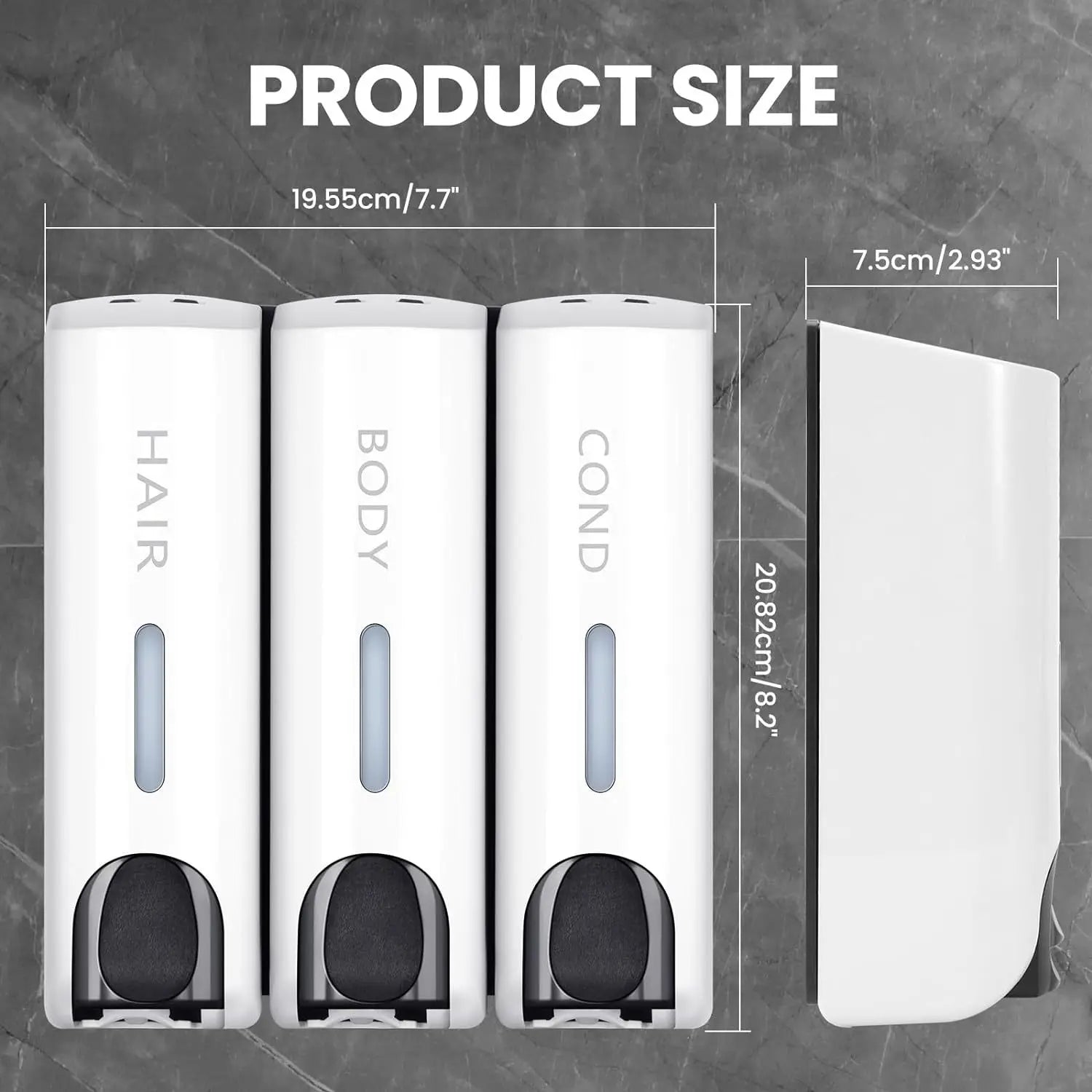 Triple Shower Dispenser White set size guide with width, height, and depth measurements