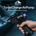 HighPeak TurboCharge™ Digital Tire Inflator Pump in black with blue LED display inflating a car tire outdoors