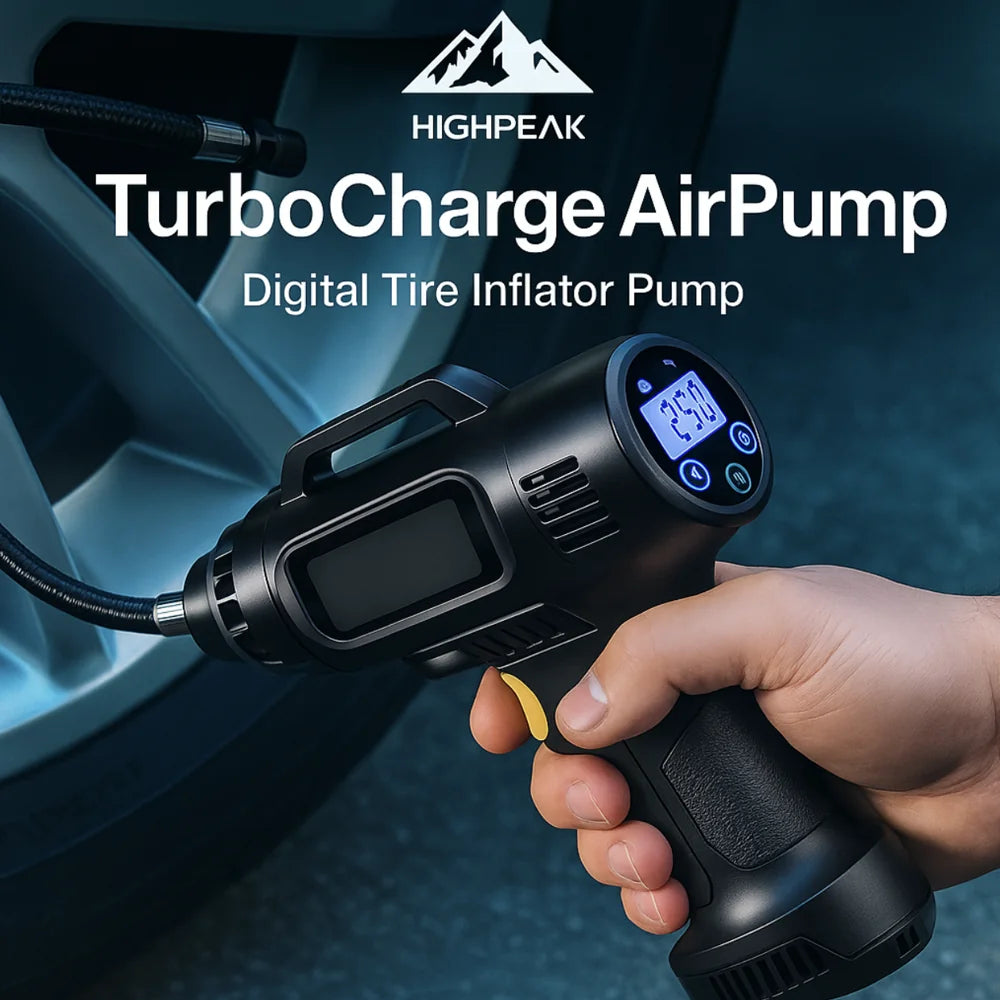 HighPeak TurboCharge™ Digital Tire Inflator Pump in black with blue LED display inflating a car tire outdoors