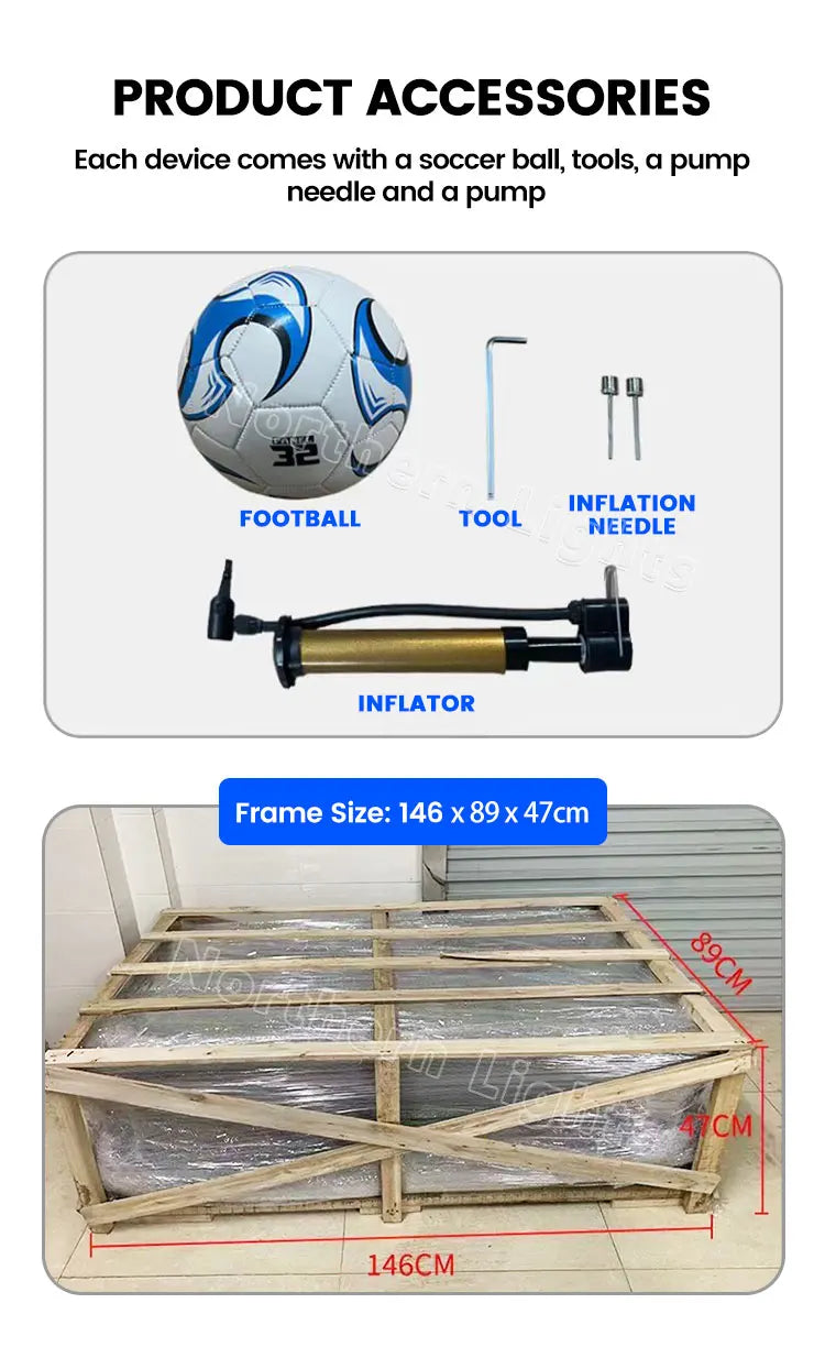 Included soccer ball pump needles assembly tool and shipping frame dimensions