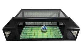 Two-Player Soccer Table with black seats in front view