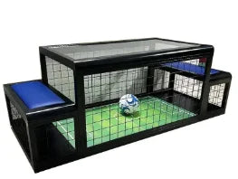 Two-Player Soccer Table with blue padded seats in angled view