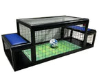Two-Player Soccer Table with blue padded seats in angled view