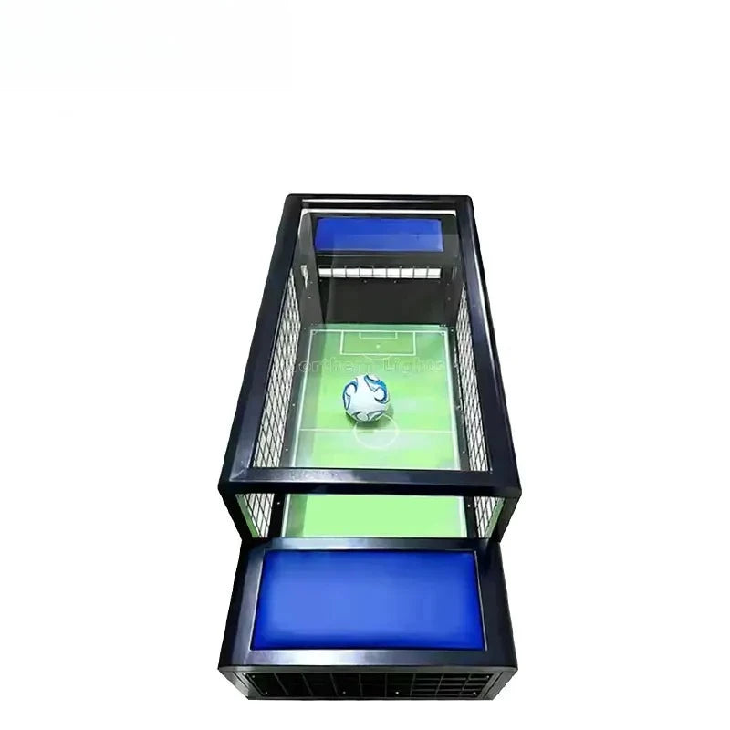Two-Player Soccer Table blue seat option viewed through the clear tabletop
