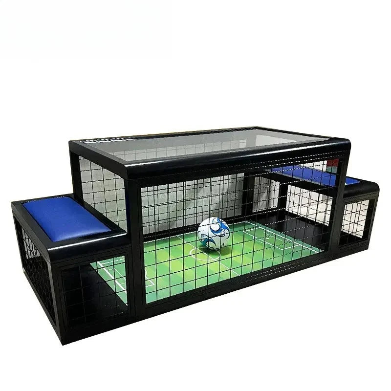 Two-Player Soccer Table with blue seats from the left angle