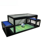 Two-Player Soccer Table with blue seats from the left angle