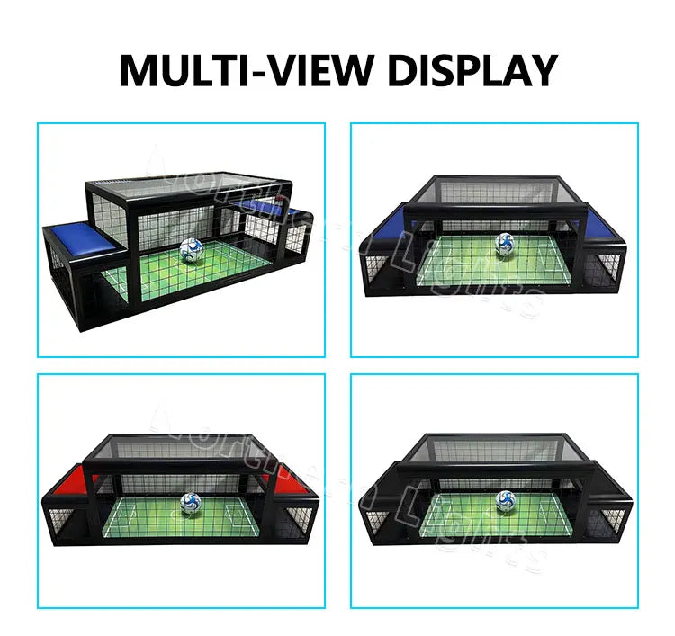 Two-Player Soccer Table multi-view display with red blue and black seat options
