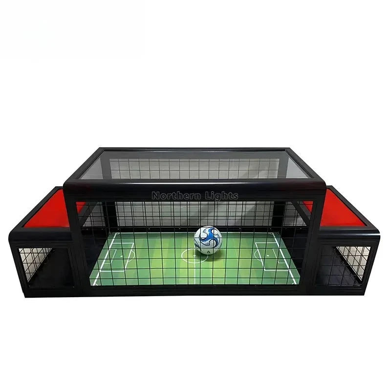 Two-Player Soccer Table with red seats in straight-on view