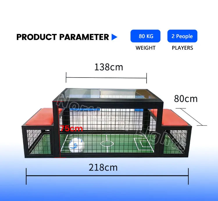 Two-Player Soccer Table dimensions with 80 kilogram weight and two-player capacity