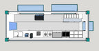 Alternate top-view container restaurant layout example with serving windows, sink, cooking line, and storage