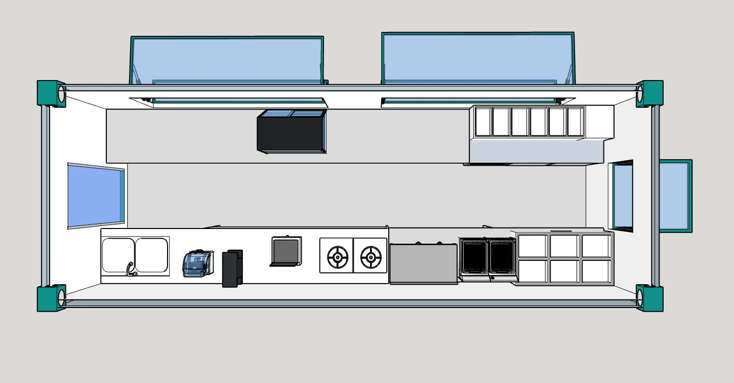 Alternate top-view container restaurant layout example with serving windows, sink, cooking line, and storage