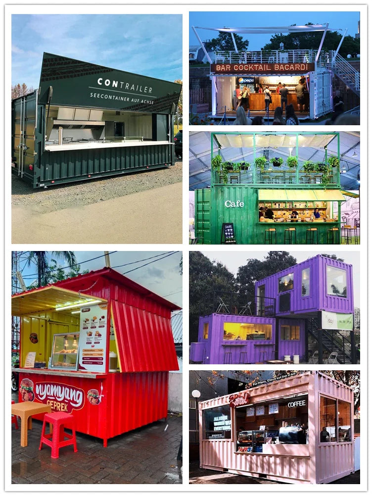 Collage of customizable container restaurant, bar, café, and kiosk exterior design examples