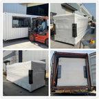 Collage showing a flat-pack container kiosk moved by forklift, protective wrapping, and container loading