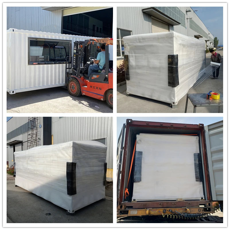 Collage showing a flat-pack container kiosk moved by forklift, protective wrapping, and container loading