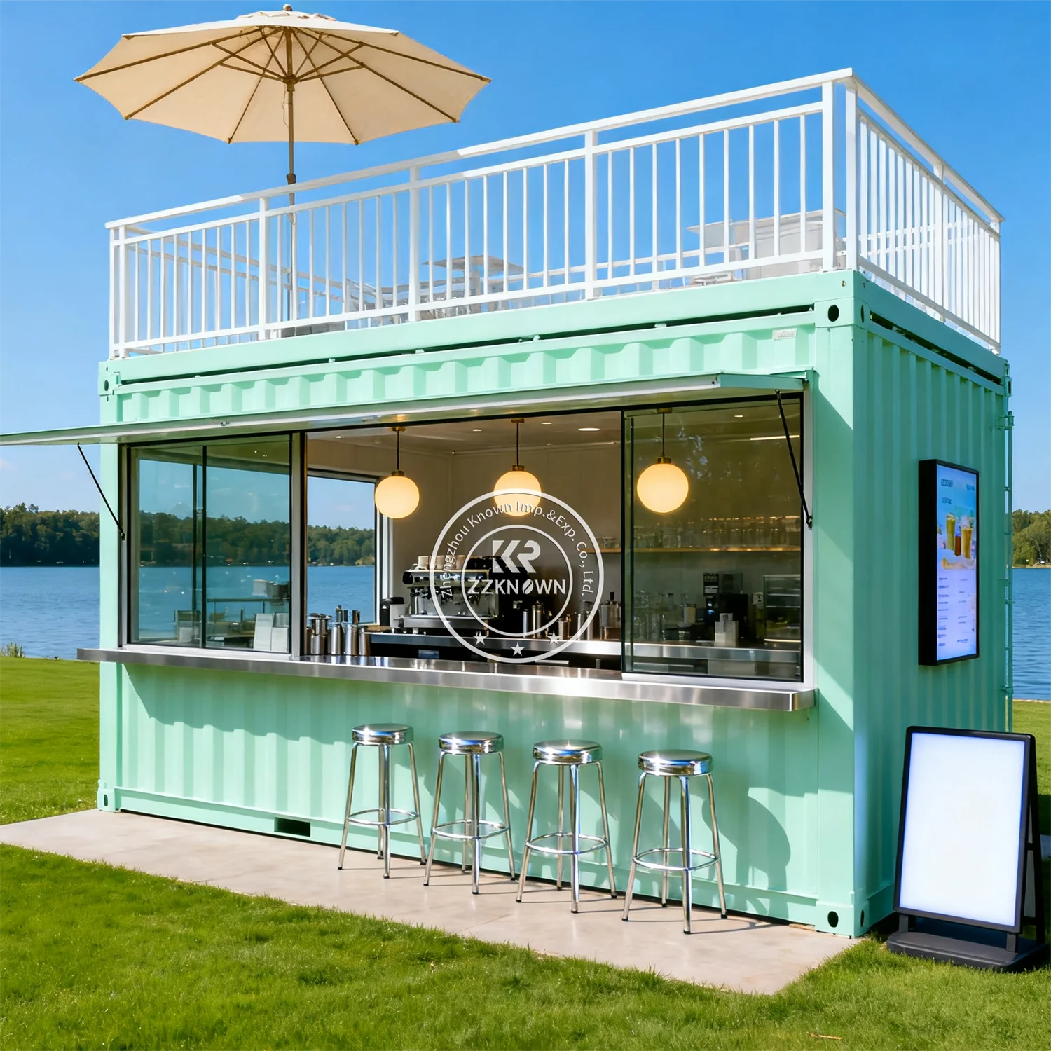 Two-Story Container Restaurant in mint green with glass service windows, rooftop seating, and menu display
