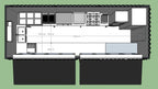 Sample top-view container restaurant floor plan with double sink, prep counters, appliances, and measurements