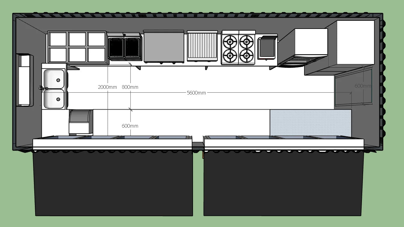 Sample top-view container restaurant floor plan with double sink, prep counters, appliances, and measurements