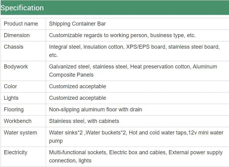 Sample container bar specification chart showing customizable dimensions, materials, utilities, and workbench