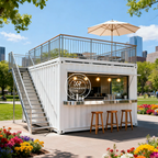 Two-Story Container Restaurant in white with exterior stairs, rooftop umbrella, and park café counter