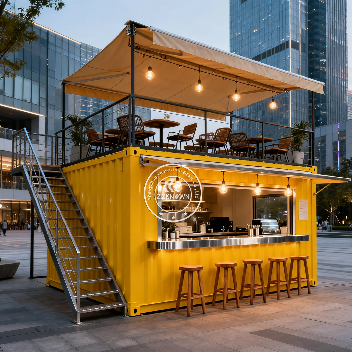 Two-Story Container Restaurant in yellow with a rooftop terrace, exterior stairs, and café service window