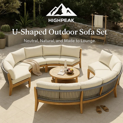 HighPeak U-Shaped Outdoor Sofa Set in neutral tones with plush cushions and round coffee table on patio.