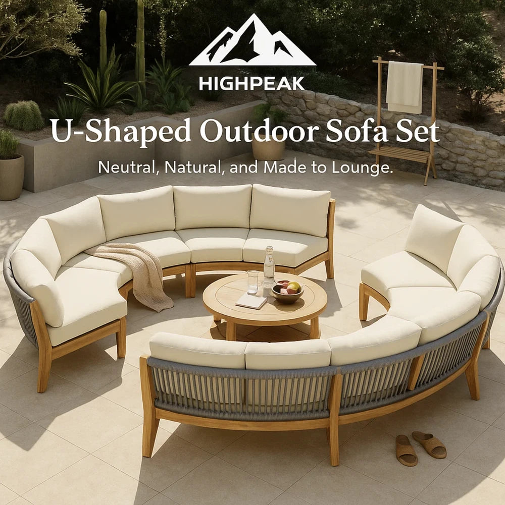 HighPeak U-Shaped Outdoor Sofa Set in neutral cushions with natural wood frame and round coffee table on sunny patio