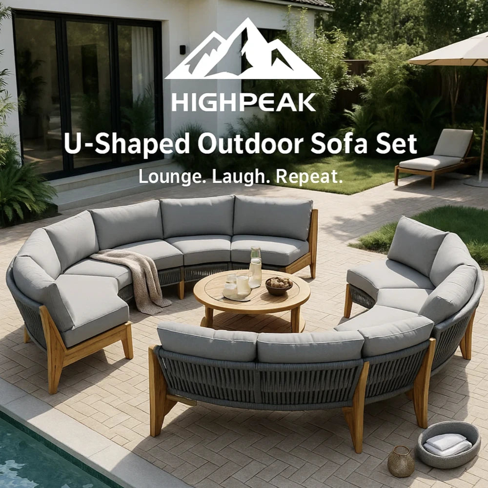 HighPeak U-Shaped Outdoor Sofa Set with gray cushions and natural wood-look frame on a patio with matching round coffee table