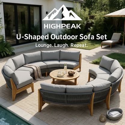 HighPeak U-Shaped Outdoor Sofa Set in gray cushions with acacia wood frame around round coffee table on patio