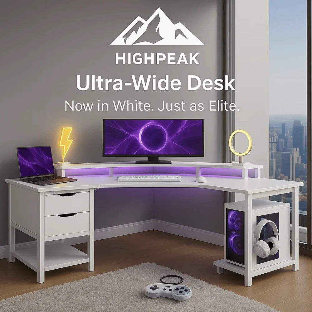 HighPeak Ultra-Wide Gaming Desk in white with LED lighting, dual drawers, monitor riser, and spacious workspace setup.