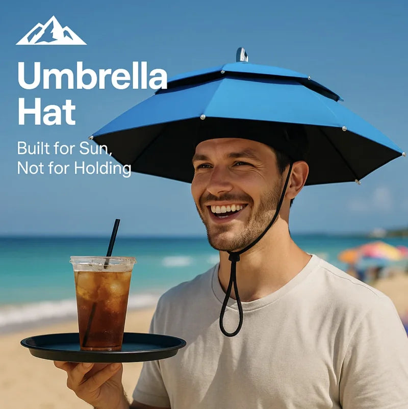 HighPeak Umbrella Hat in blue worn by smiling man at beach holding drink on tray, hands-free sun protection