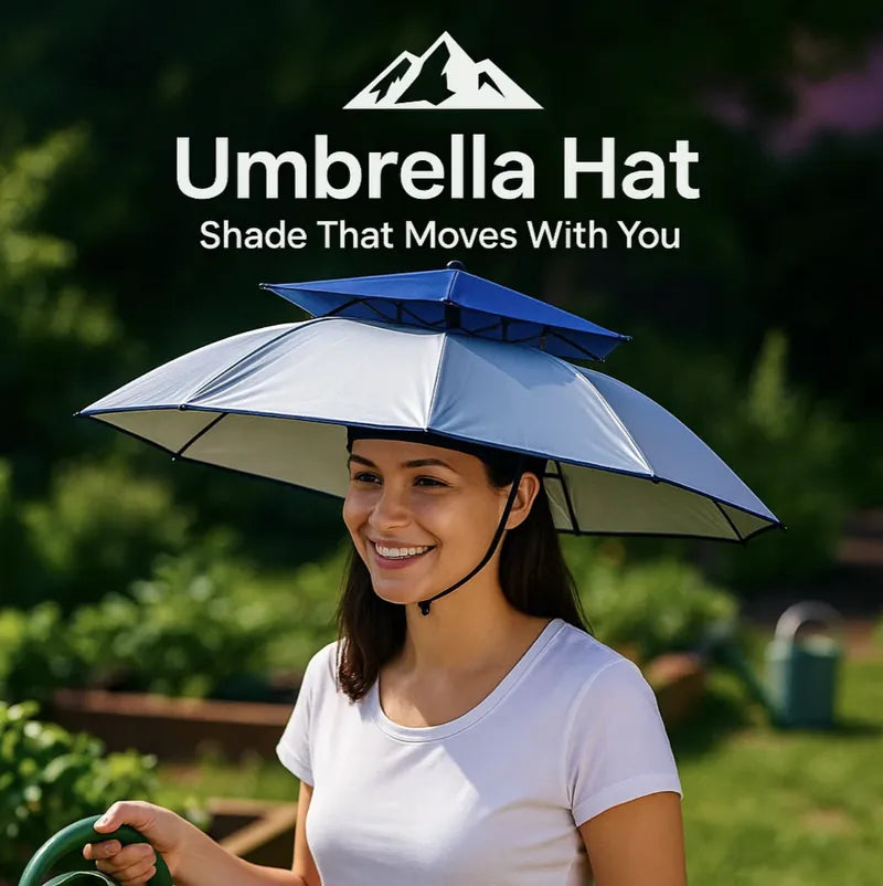 HighPeak Umbrella Hat in blue worn outdoors providing hands-free sun protection with adjustable fit and windproof canopy