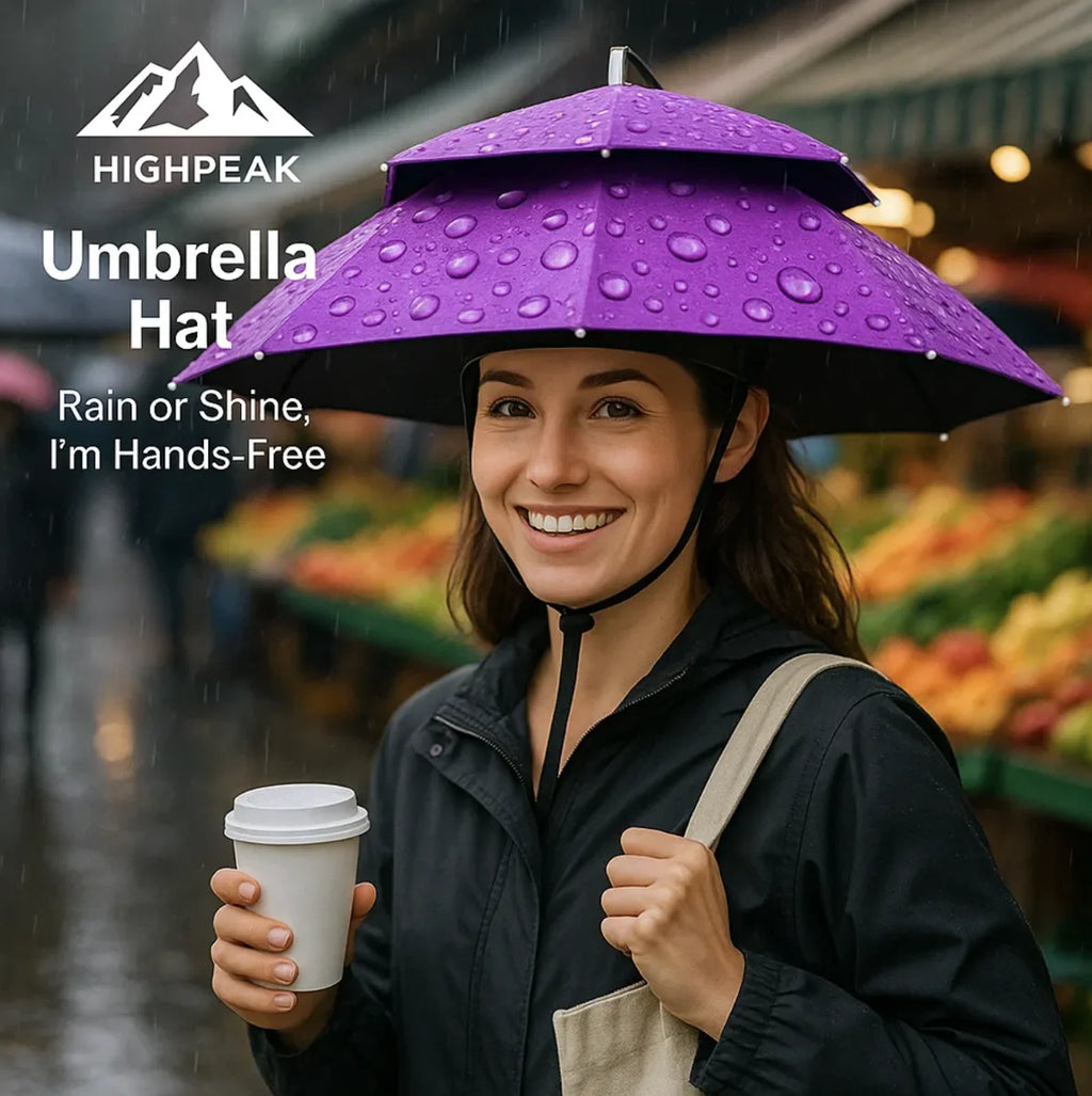 HighPeak Umbrella Hat in purple worn hands-free by smiling woman in rain at outdoor market with coffee cup