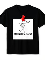 Under A Tack Tee full front view showing the black crew neck shirt and stickman pushpin design