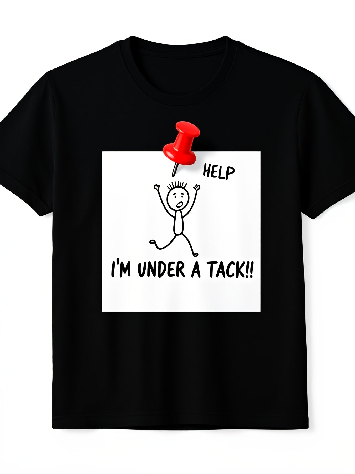 Under A Tack Tee full front view showing the black crew neck shirt and stickman pushpin design
