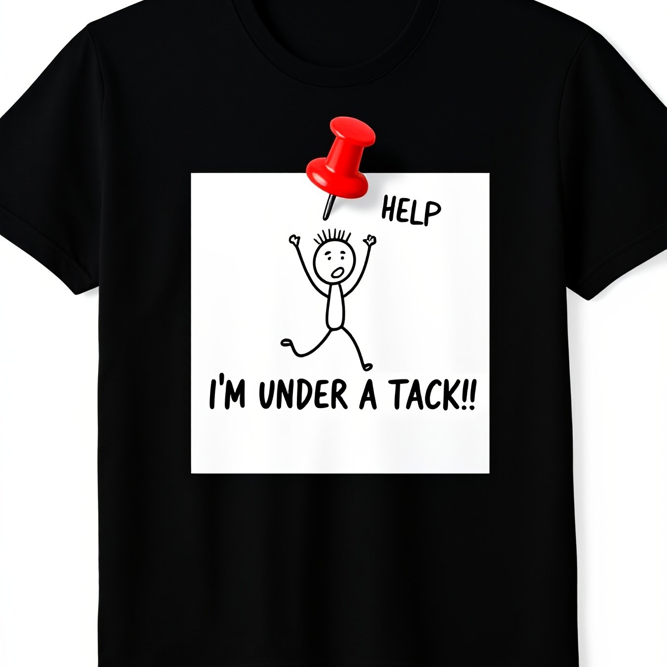 Under A Tack Tee in black with a red pushpin, stickman graphic, and “I’m Under A Tack” joke
