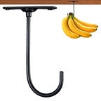 Under-Cabinet Banana Hook in black shown from the front beside an installed hook holding bananas