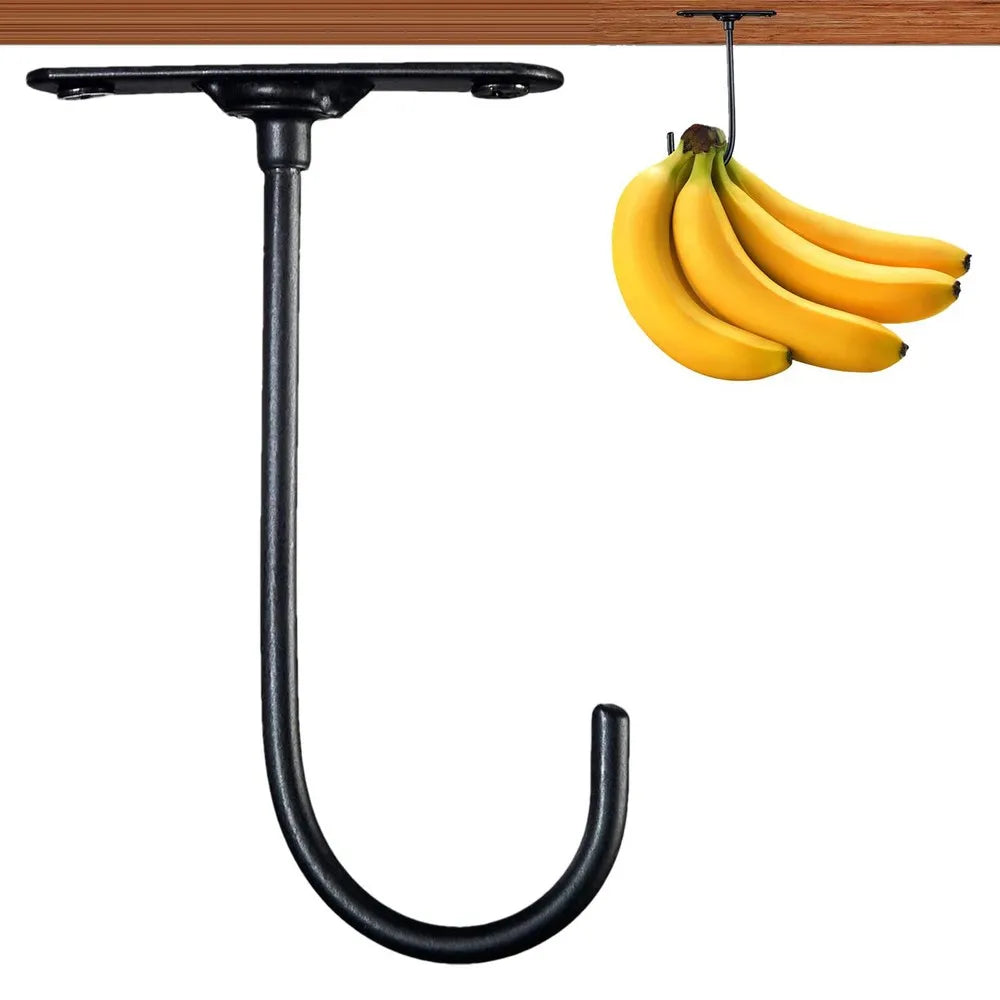 Under-Cabinet Banana Hook in black shown from the front beside an installed hook holding bananas
