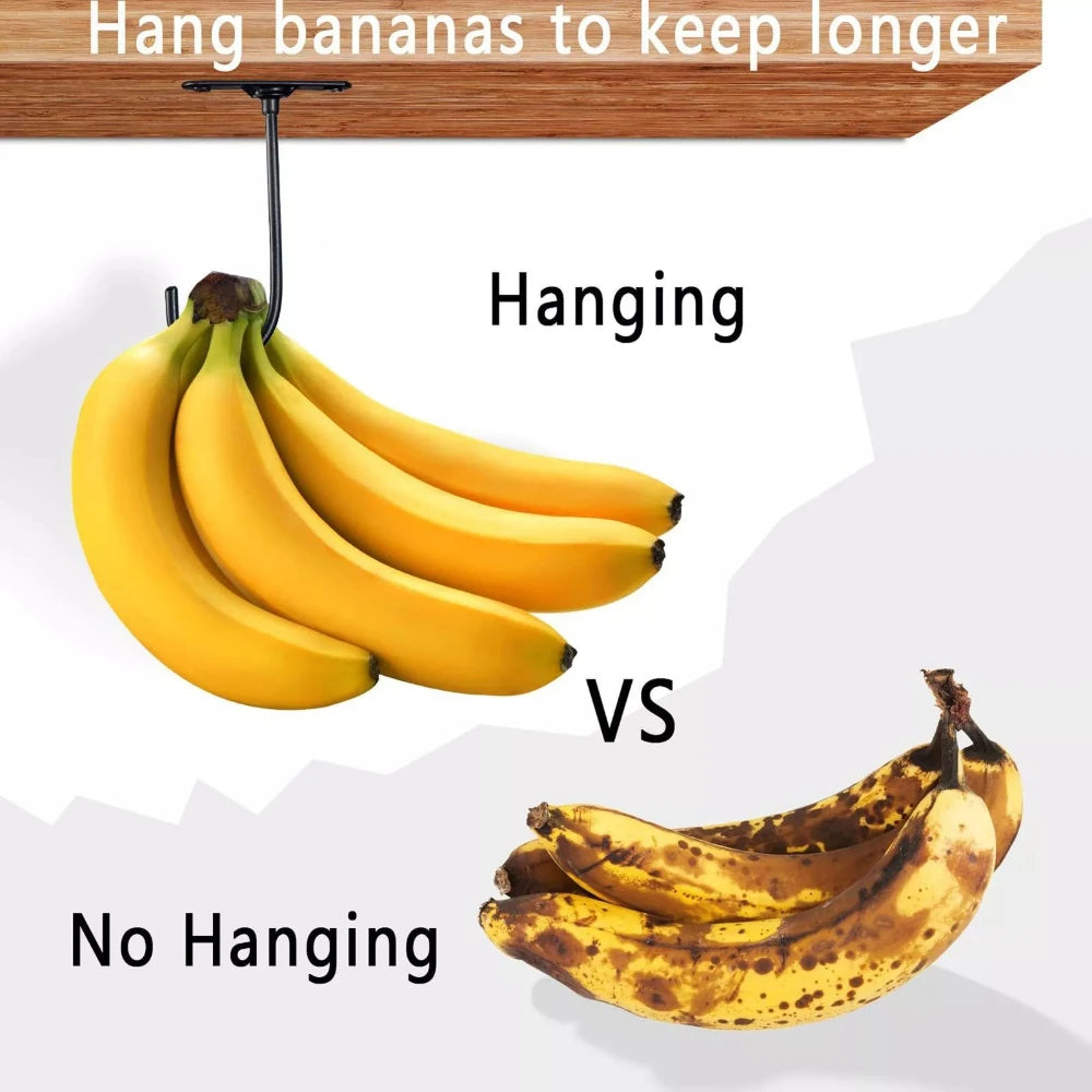 Under-Cabinet Banana Hook comparison graphic showing hanging bananas beside bananas resting on a surface