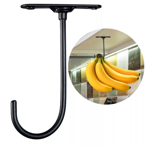 Under-Cabinet Banana Hook shown from the front with an inset demonstrating a banana bunch hanging beneath a cabinet