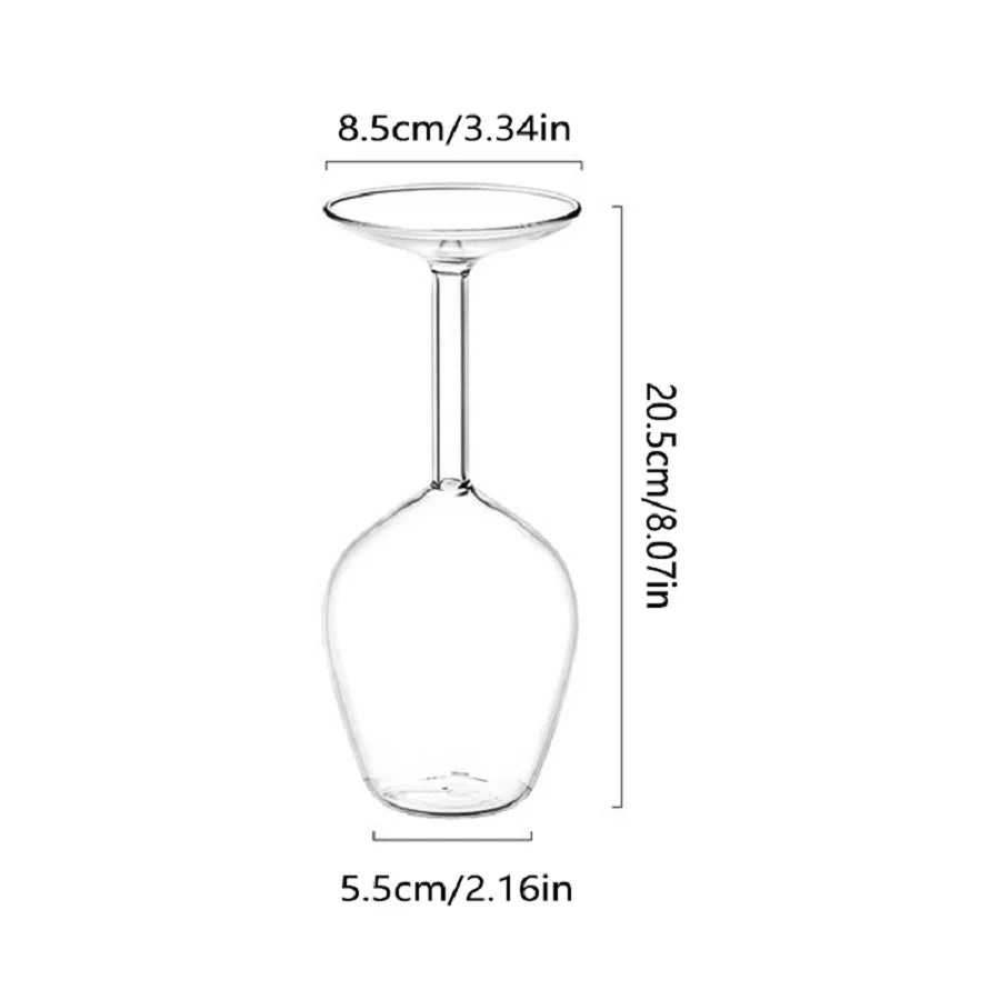 Upside Down Wine Glass dimensions showing 20.5 cm height, 8.5 cm top and 5.5 cm base